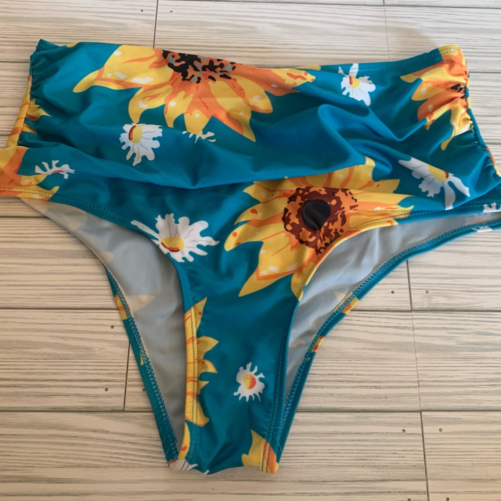 High-Waist Sunflower Print Bikini Bottoms - Teal/Yellow